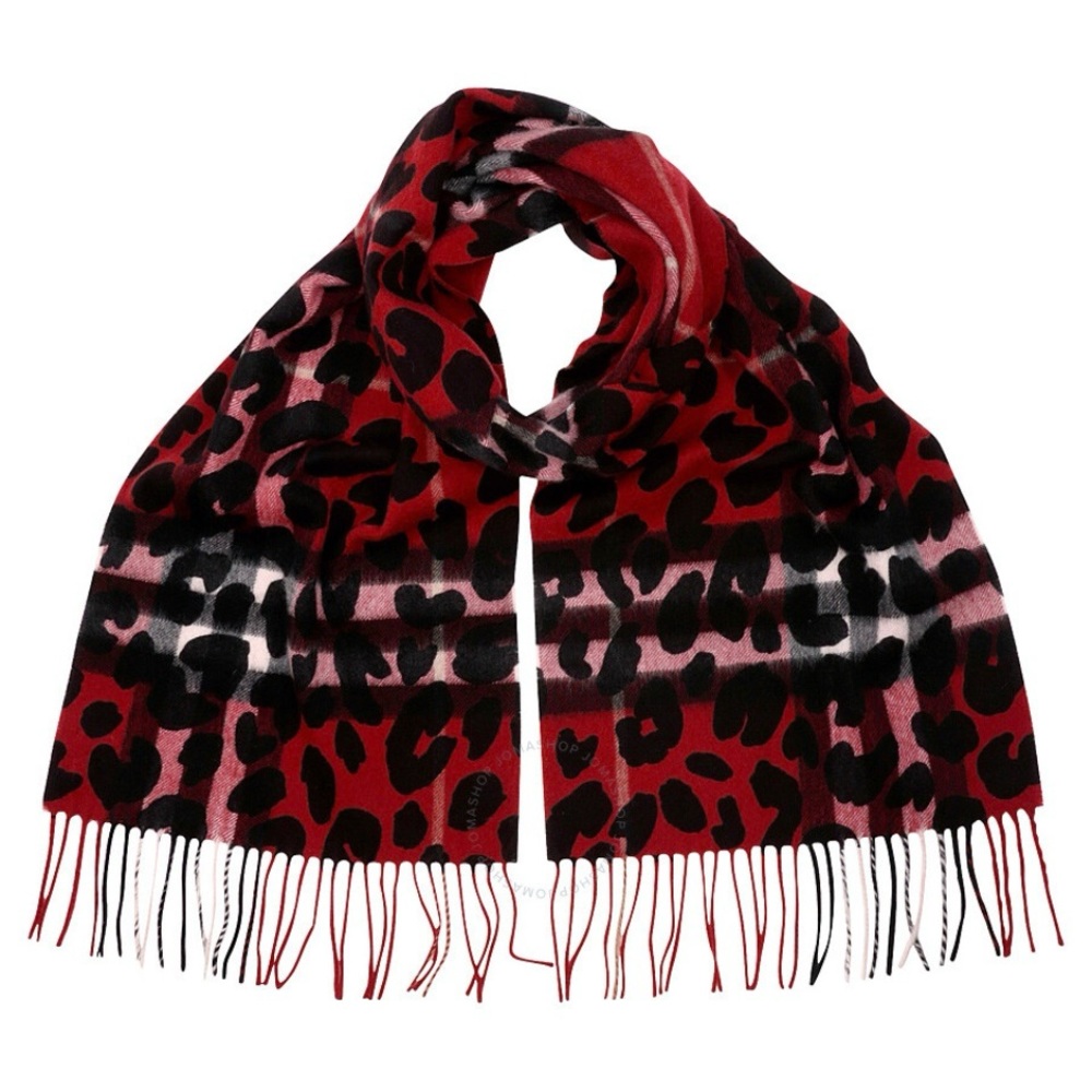 Limited Edition Burberry Animal Print Check Cashmere Scarf Beautiful Red New